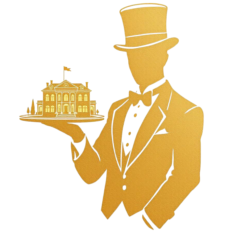 illustration dorée d'un majordome qui a une location immobilière sur un plateau