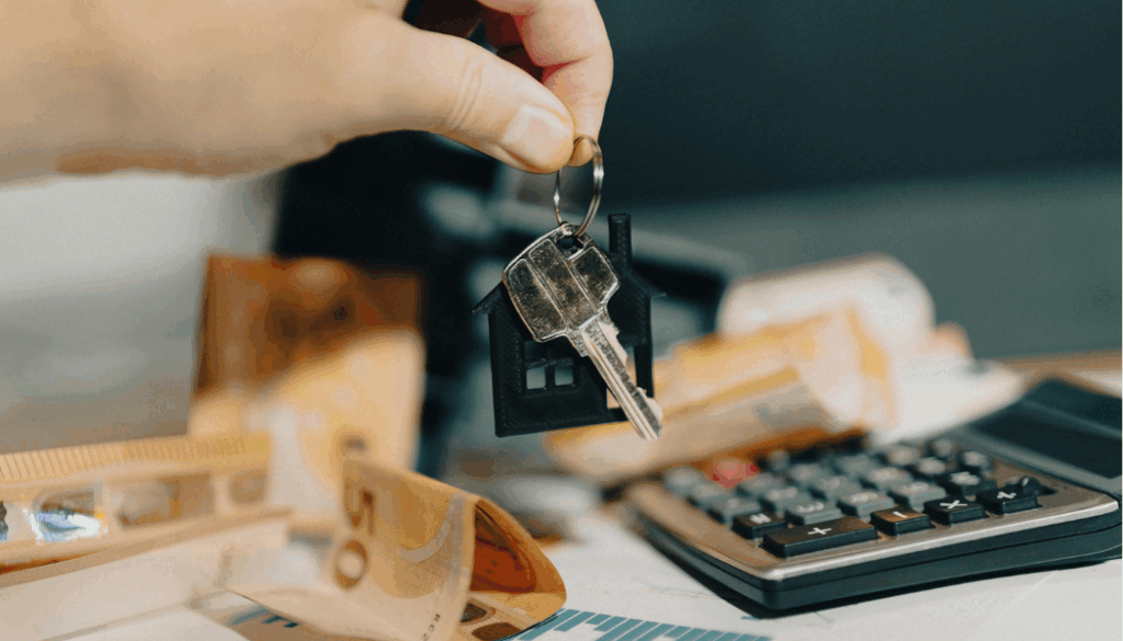 personne qui tient des clés de maison aussi de billets de 50e et calculatrice